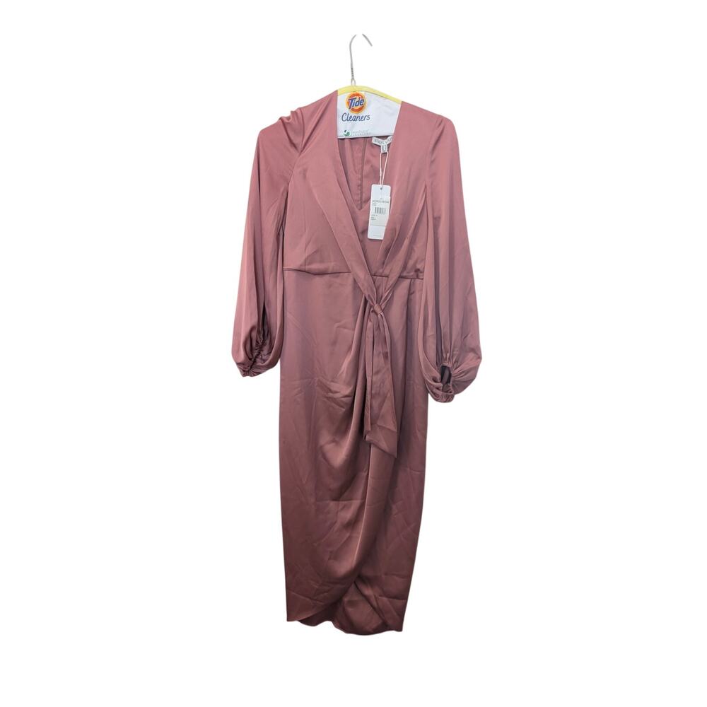 NWT Shona Joy Luxe Tie Front Balloon Sleeve Satin Midi Dress – Rose | Size 8